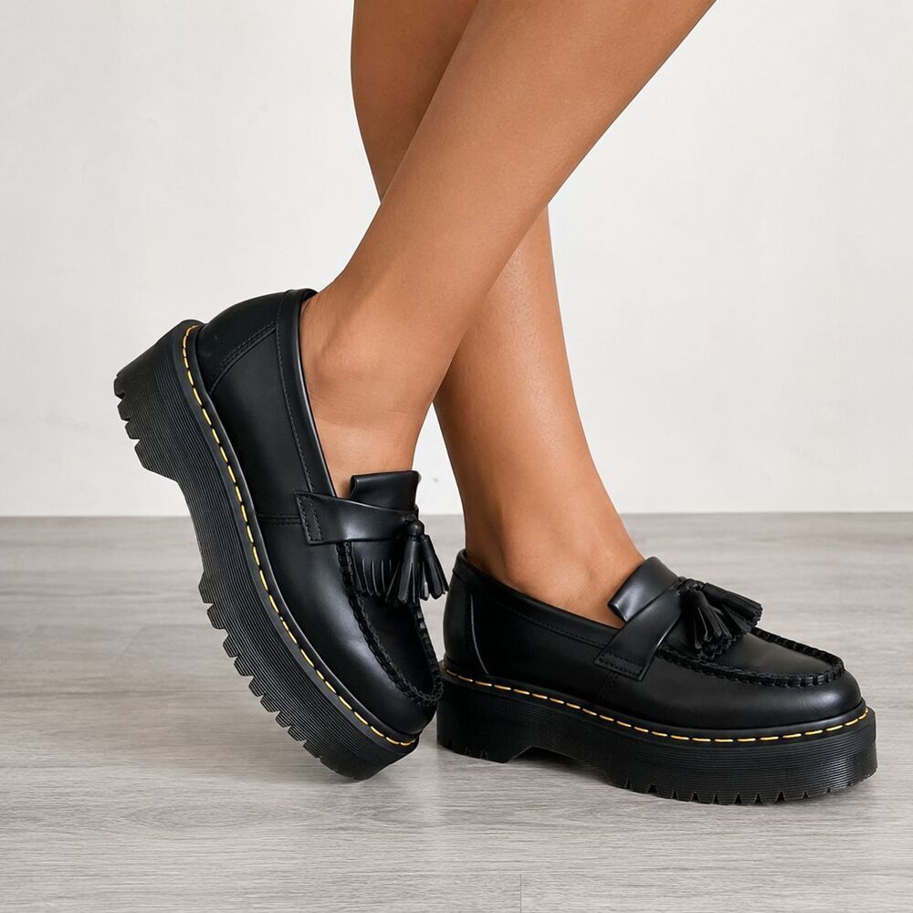 Dr. Martens Adrian Quad Platform Tassel Loafers Black Leather Women's US 8 EU 39
